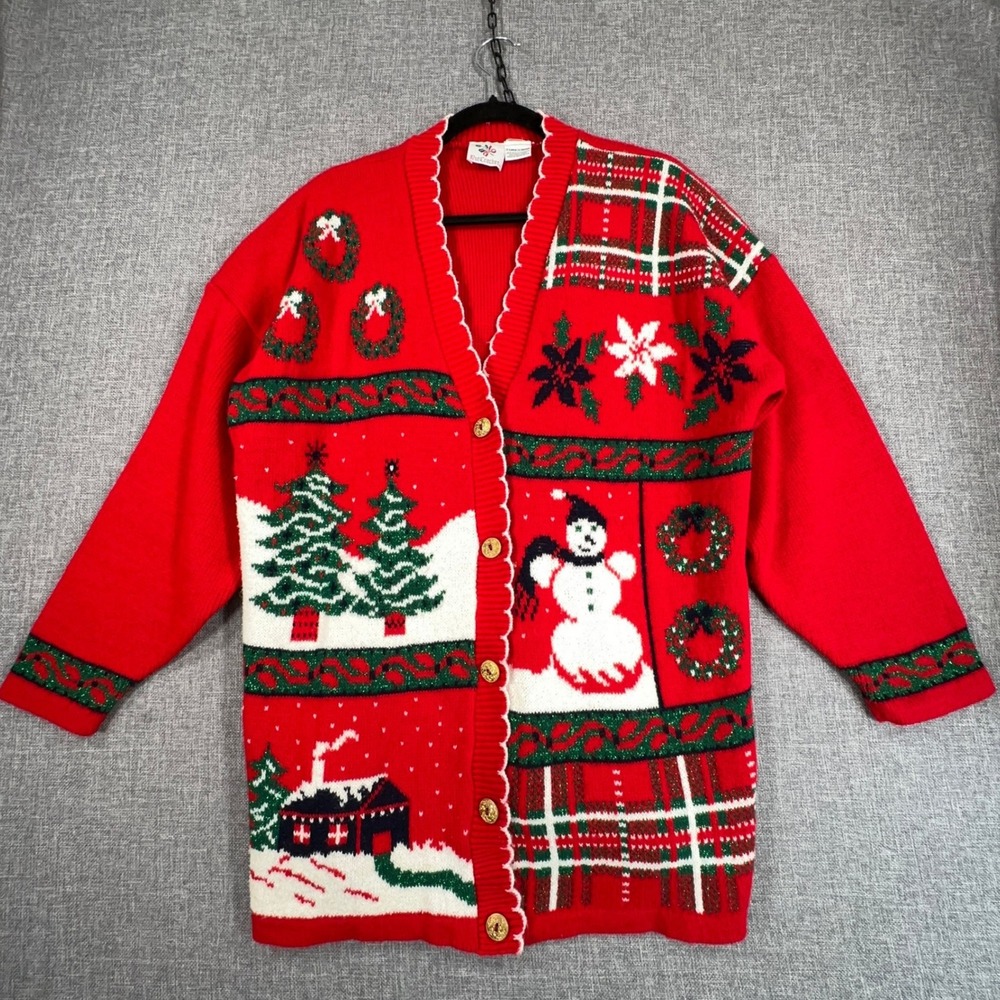 Vintage NutCracker Christmas Cardigan Womens XL Snowman Gold Buttons Made in USA